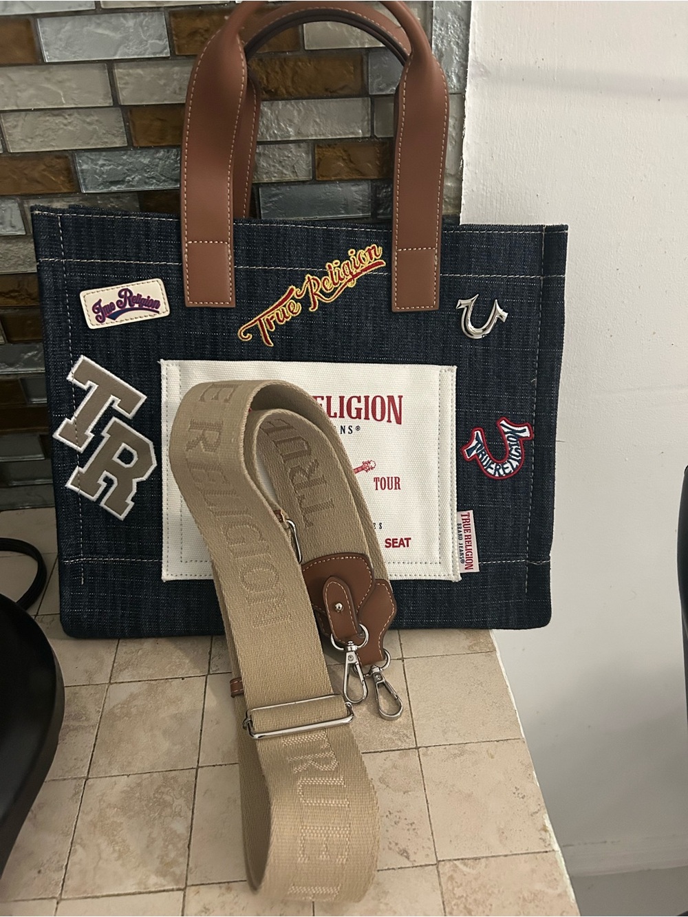 True Religion Dark Blue Denim Patchwork Tote with Tan Leather Handles